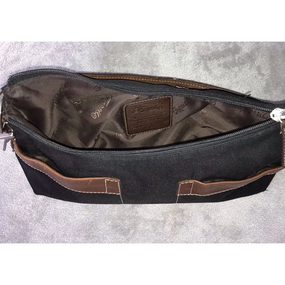 Fossil‎ Tan Black Nylon Leather Trim Shoulder Bag Handbag Hobo Purse READ